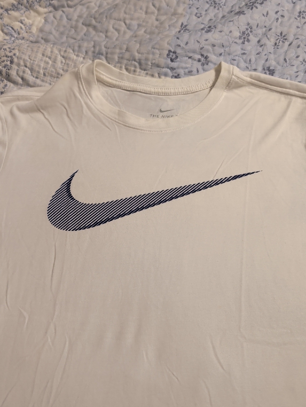 Nike White Short-Sleeve Crew Tee with Navy Striped Swoosh